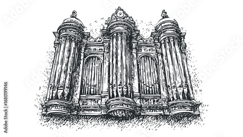 Architectural sketch of a grand organ with ornate pipes and domes. Vector hand drawn illustration