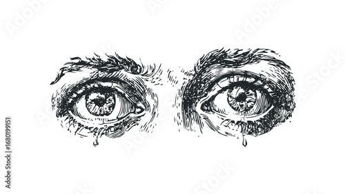 Distressed human eyes with tears depicted in a vintage sketch style. Vector hand drawn illustration