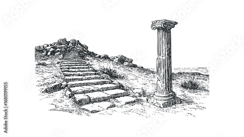 Ancient stone staircase leading to rocky outcrop beside classical column. Vector hand drawn illustration