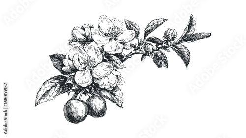 Hand drawn black and white sketch of cherry blossoms and unripe cherries on a branch. Vector hand drawn illustration