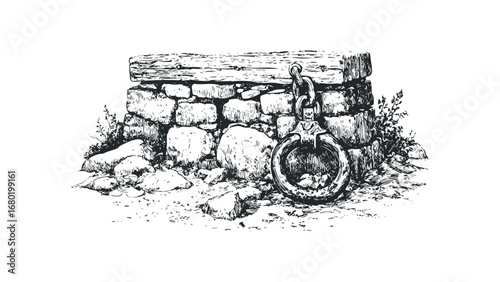Handcuffs Attached to a Stone Well with Wooden Plank and Vegetation. Vector hand drawn illustration