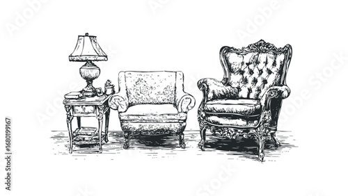 Ornate antique armchairs with vintage side table and lamp sketch. Vector hand drawn illustration