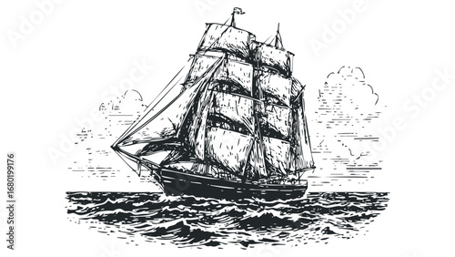 Tall sailing ship with billowing sails on choppy ocean waves. Vector hand drawn illustration