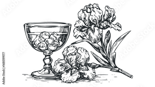 Line drawing of iced beverage and iris flowers on white. Vector hand drawn illustration