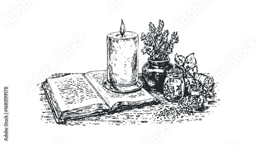 Vintage sketch of a lit candle on an open book surrounded by herbs in jars and a vase. Vector hand drawn illustration