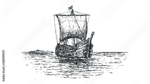 Viking ship sailing on rippling water with distant landmass. Vector hand drawn illustration