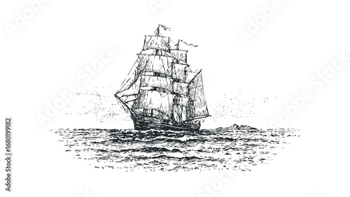 Antique tall ship with full sails navigates choppy seas near distant land. Vector hand drawn illustration
