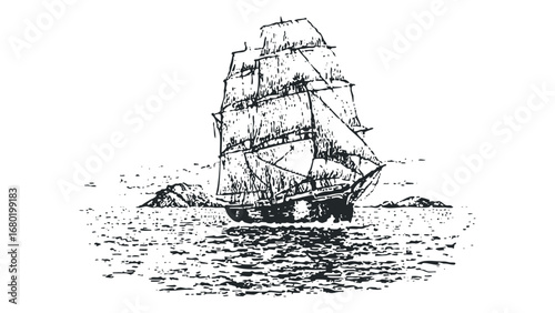 Sailing ship navigating rough waters near rocky islands. Vector hand drawn illustration