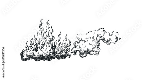 Black and white sketch of fire and smoke on a transparent background. Vector hand drawn illustration