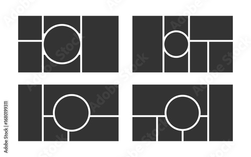 Set of mood board layout. Photo collage template with circle. Moodboard grid. Album brandboard. Mosaic pictures frame. Portfolio images. Simple scrapbook background. Vector illustration
