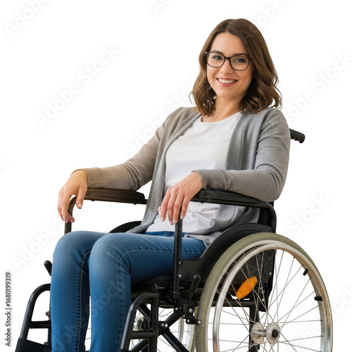 Smiling woman in wheelchair isolated on transparent background