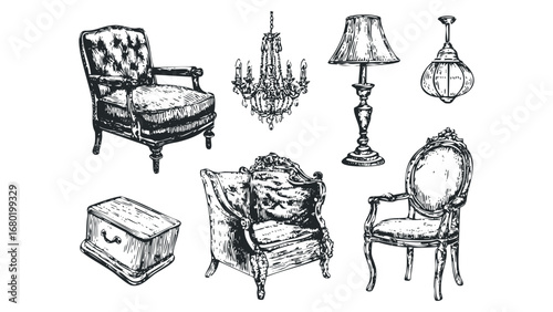 Sketch of antique armchair, chandelier, lamp, and ornate chest on transparent background. Vector hand drawn illustration