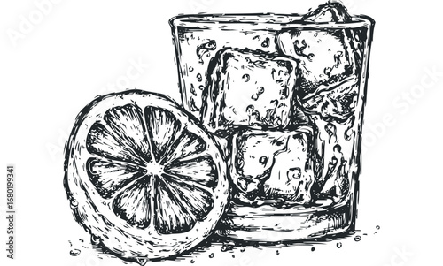 Hand drawn glass of iced beverage with lemon slice. Vector hand drawn illustration
