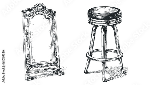 Elegant ornate mirror and classic stool sketch on transparent background. Vector hand drawn illustration