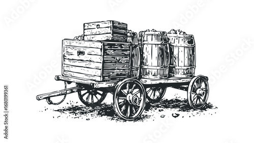 Vintage wooden cart laden with barrels and crates on a transparent background. Vector hand drawn illustration