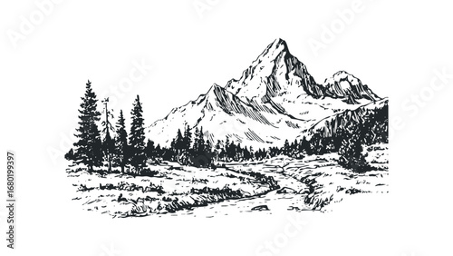 Hand Drawn Alpine Landscape with Mountain Peak and Forest. Vector hand drawn illustration