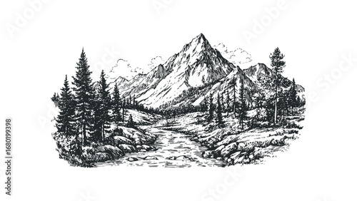 Hand drawn mountain range with pine trees and river sketched in ink. Vector hand drawn illustration