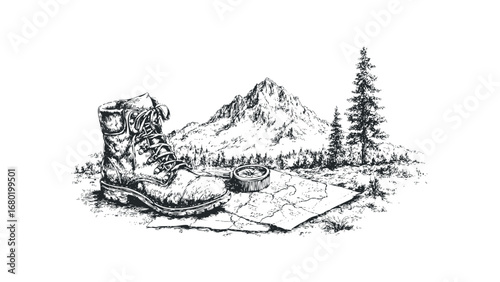 Hiking boot and compass resting on a map with mountainous landscape and pine trees. Vector hand drawn illustration
