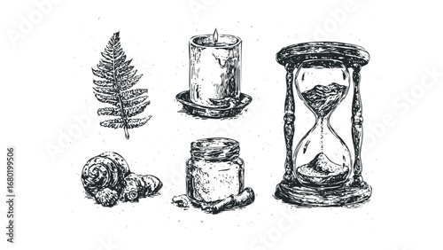 Vintage hourglass, lit candle, fern leaf, and jar collection on transparent. Vector hand drawn illustration