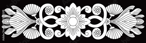 Elegant floral scroll design border displays symmetrical botanical patterns.
