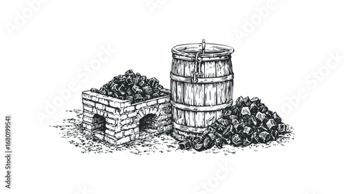 Vintage sketch of coal pile beside wooden barrel and brick structure. Vector hand drawn illustration
