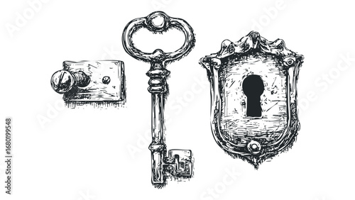 Sketch of Antique Skeleton Key Lock Mechanism and Door Knob on Transparent. Vector hand drawn illustration