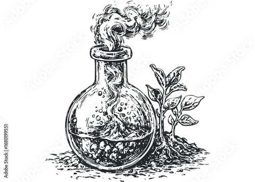 Distilled plant fume from round flask with bubbling liquid and leafy growth. Vector hand drawn illustration