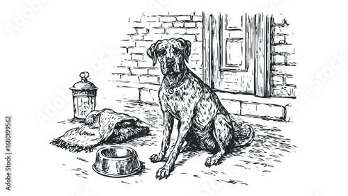 Line art of a dog sitting near a food bowl and blanket next to a brick wall and door. Vector hand drawn illustration