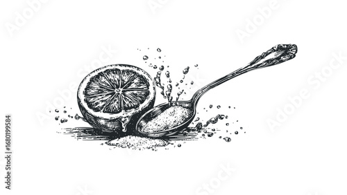 Textured sketch of lemon half with juice drops and spoon of salt. Vector hand drawn illustration