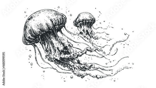 Two Detailed Ink Jellyfish Drifting in Water. Vector hand drawn illustration