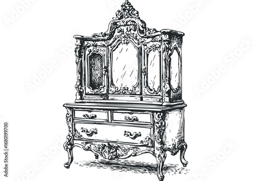 Ornate antique dresser with mirrors and drawers on transparent background. Vector hand drawn illustration