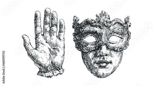 Vintage Hand and Ornate Masquerade Mask Hand-Drawn Sketch. Vector hand drawn illustration