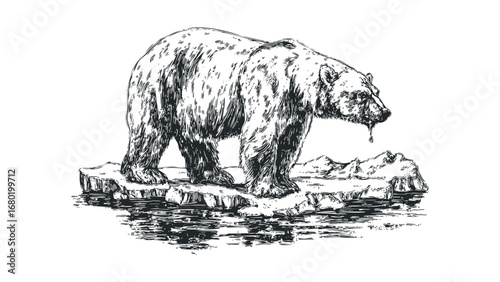 Polar Bear Standing on Ice Floe with Dripping Jaws. Vector hand drawn illustration
