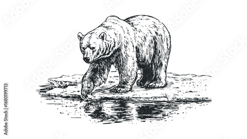 Detailed sketch of a grizzly bear walking through shallow water with reflections. Vector hand drawn illustration