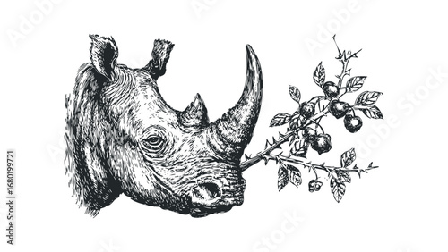 Sketch of a Rhino Head with Fruiting Branch Isolated on White. Vector hand drawn illustration