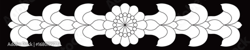 A symmetrical black and white ornamental border displays a central floral design.