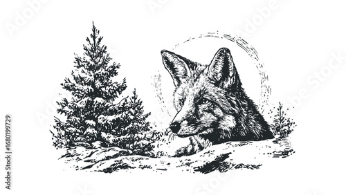 Sketch of a fox looking from foliage next to a pine tree. Vector hand drawn illustration