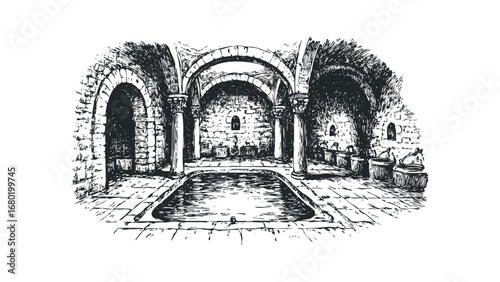 Ancient stone hall with arched ceilings and pool on transparent. Vector hand drawn illustration