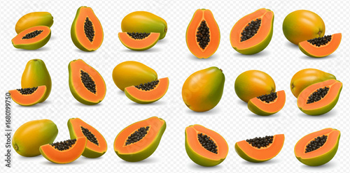 A vibrant collection of fresh, ripe papayas, some whole, others halved or sliced, showcasing their orange flesh and black seeds.