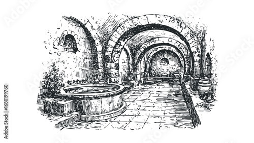 Antique stone arched corridor with water basin and barrels sketch. Vector hand drawn illustration