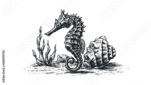 Engraved seahorse with seaweed and seashell on sandy bottom. Vector hand drawn illustration