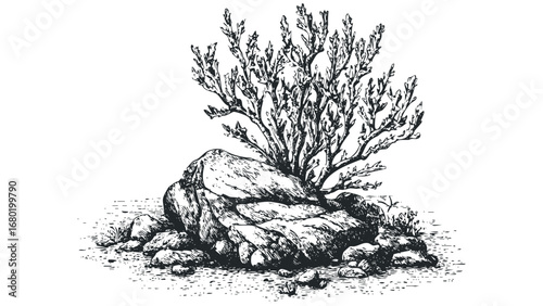 Pen and ink drawing of a shrub growing from rocks. Vector hand drawn illustration