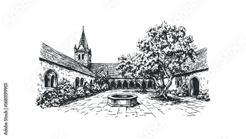 Pen sketch of a cloister courtyard with arches, trees, and a central fountain. Vector hand drawn illustration