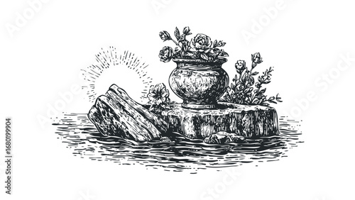 Black and white sketch of potted roses on textured stone and wood in water. Vector hand drawn illustration