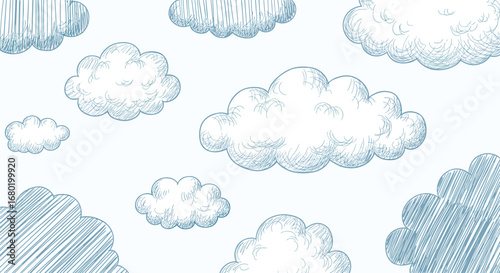 Charming hand-drawn clouds drift across a serene light blue sky creating a peaceful, airy backdrop.