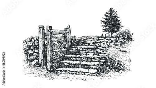 Wooden gate at the top of a stone path beside a dry stone wall and a lone tree. Vector hand drawn illustration