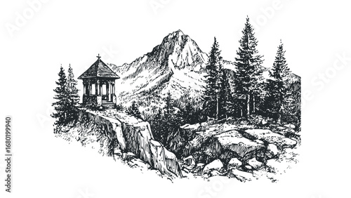 Sketch of a gazebo on a cliff edge with pine trees and mountains. Vector hand drawn illustration