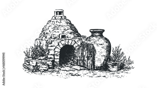 Antique stone dwelling with an arched doorway and a large ceramic jug. Vector hand drawn illustration