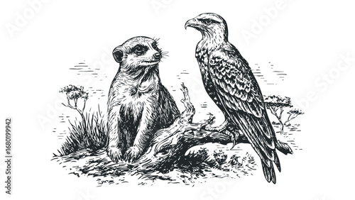 Sketch of a meerkat and a bird of prey perched together. Vector hand drawn illustration