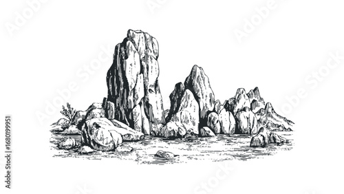 Sketch of rugged rock formations beside rippling water on transparent background. Vector hand drawn illustration